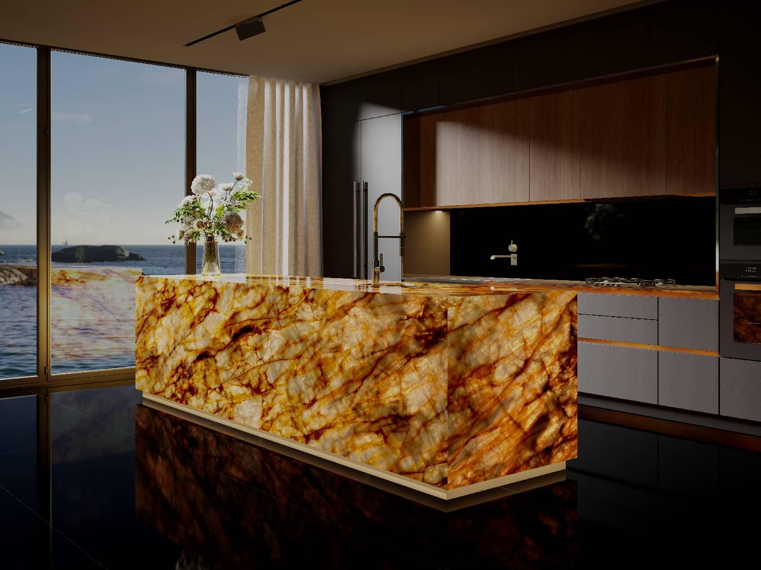 Kitchen with an illuminated decorative stone island