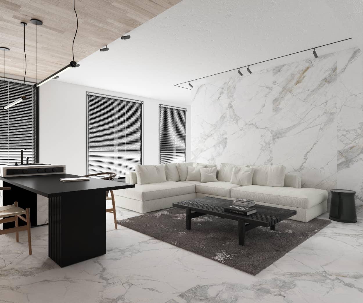 Bright living interior finished with large-format sintered stone